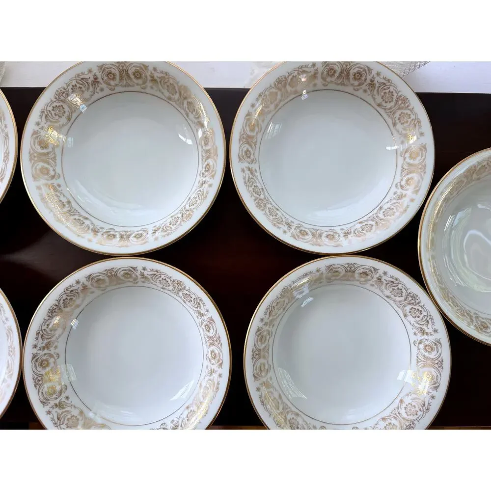 Noritake Raphael 6679 Rim Soup Bowls Set of 7 Japan Gold Scroll Floral Vintage